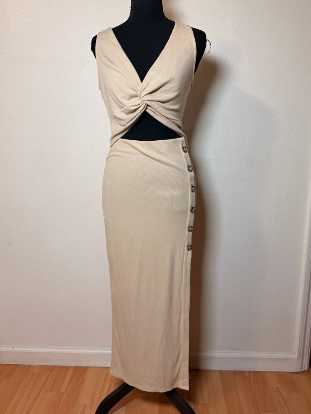 Fore Beige Ribbed Twist Cutout Maxi Dress Button Slit Bodycon Clean Girl L NWT